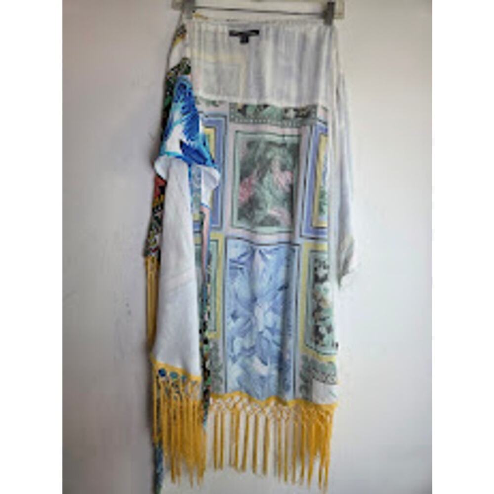 NWOT Boston Proper White Yello Blue Floral Fringe Midi Tie Waist Sarong Large